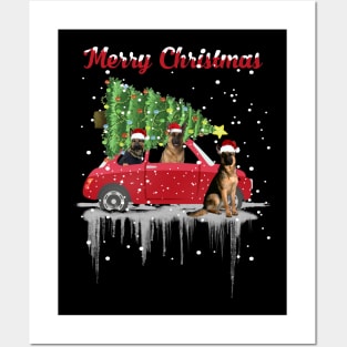 Car Red Truck Christmas Tree German Shepherd Christmas Santa Hat Xmas Posters and Art